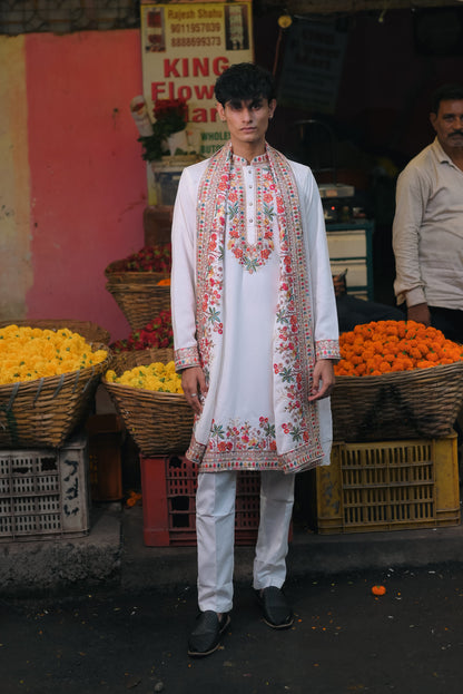 White Floral Embroidered Kurta with Dupatta – Traditional Elegance
